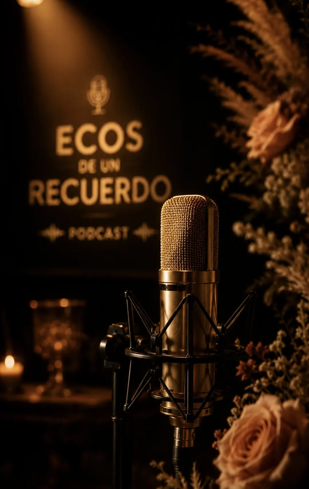 Micrófono de estudio dorado en el rincón de grabación